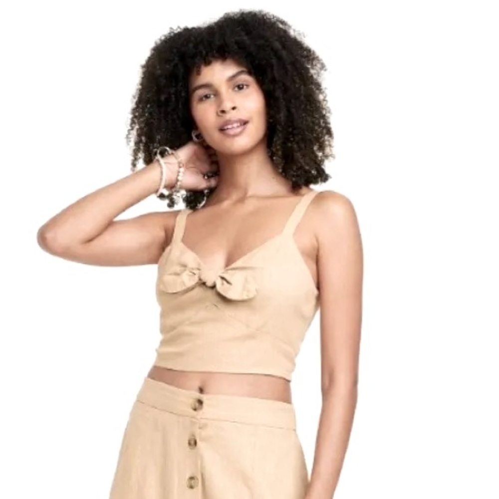 Tie Front Cropped Tank Top • Linen Vibe • Tan • Size L • NWT